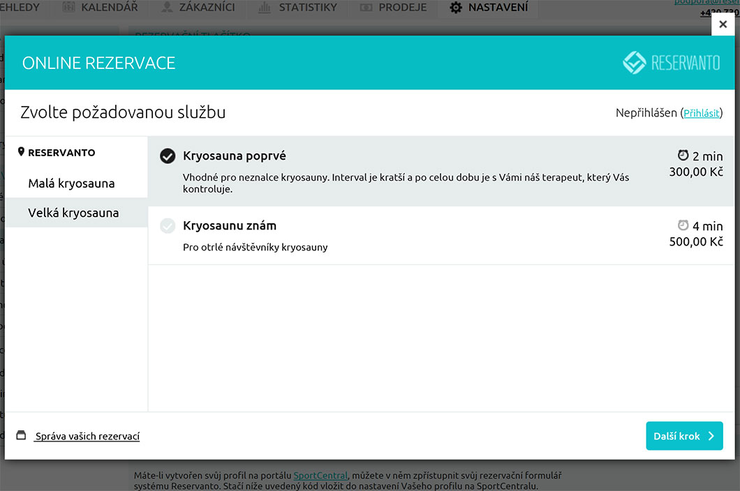 Zákazník nejprve vybírá z nabídky a prostor pro saunování.