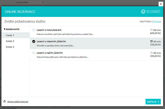 Zákazník vybírá z nabídky služeb a prostor pro lezení.