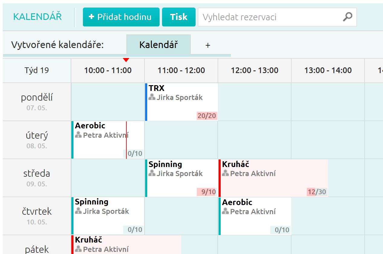 Takto vypadá kalendář s vypsanými lekcemi.