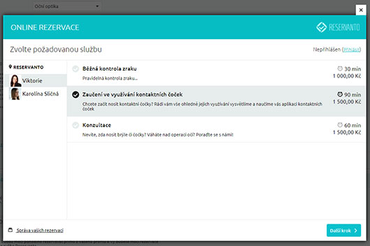 Zákazník vybírá z nabídky oční optiky, případně i volí konkrétního očaře, u kterého chce být objednán.