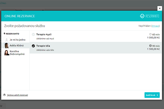 Zákazník nejprve zvolí službu a případně i poradce.