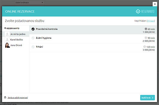 Zákazník nejprve vybírá službu, popř. zaměstance u kterého chce být objednán.